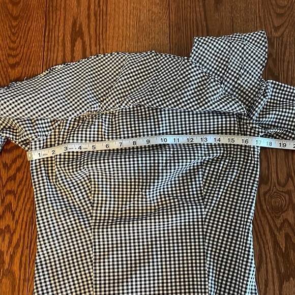 SCRIPTED BLOUSE, CHECKERED PATTERN ONE OFF SHOULDER ruffled LONG SLEEVE SZ S - Picture 8 of 9